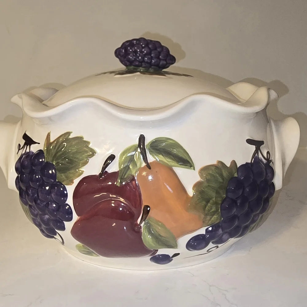 Home Interiors Ceramic Casserole Dish with Fruit Design - Picture 1 of 5